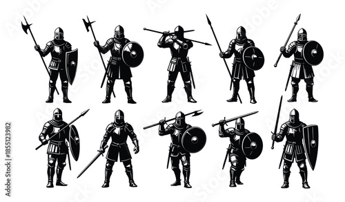 Set of medieval knight silhouettes in full armor holding various weapons like axes spears and swords with shields