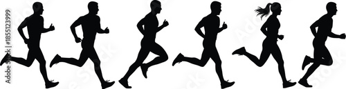Silhouettes of six people running in a line against a white background exercise fitness