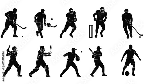 Set of ten black silhouettes of men playing various sports like hockey American football cricket and baseball isolated on white