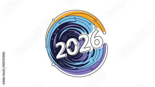 A colorful circular graphic with swirling blue, purple, and orange lines and the year 2026 in white text on a plain white background.