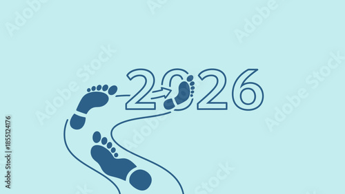 Blue graphic illustration of footprints leading to the year 2026 on a light blue background with a white banner at the bottom.
