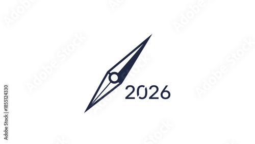 Graphic illustration of a fountain pen nib with the year 2026 on a white background in a minimalist style with dark blue lines and a clean aesthetic.