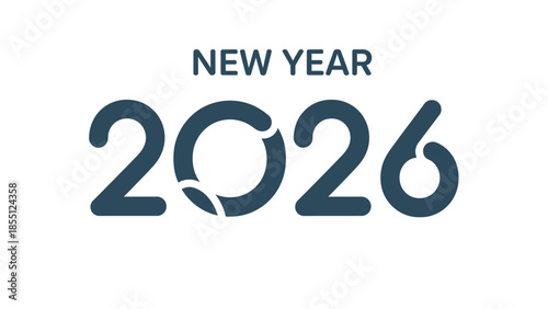 Graphic design of 'NEW YEAR 2026' in large, dark blue text on a white background with a clock integrated into the zero.