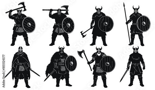 Set of viking warriors silhouettes with axes, spears, and shields in various battle poses against a white background