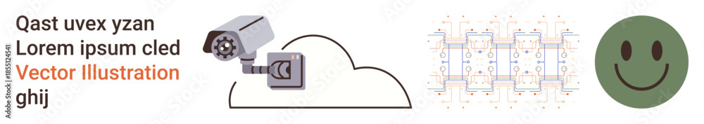 Fototapeta premium Cloud computing, network security, IoT, surveillance systems, data connectivity, online communication. A surveillance camera cloud connection and a data grid with a happy face. Ideal for cloud