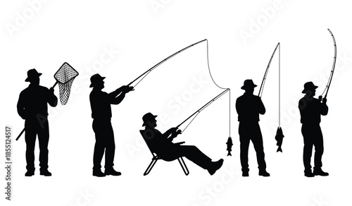 Silhouette set of fishermen in various poses including standing with net, casting rod, sitting, and catching fish outdoor activity