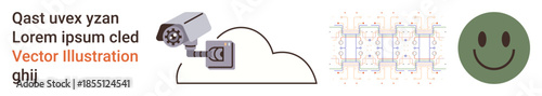 Cloud computing, network security, IoT, surveillance systems, data connectivity, online communication. A surveillance camera cloud connection and a data grid with a happy face. Ideal for cloud