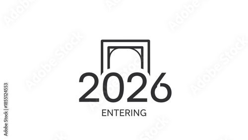 A minimalist black and white graphic illustration of the year 2026 with an archway design on a clean white background.