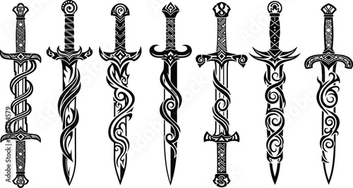 Fantasy sword illustration set featuring ornate hilts, tribal motifs, swirling blade patterns, and decorative designs for weapon art, character design, and storytelling concepts