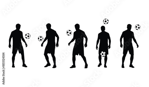 Silhouette vector illustrations of male soccer players in various poses playing with footballs showcasing diverse actions and movements
