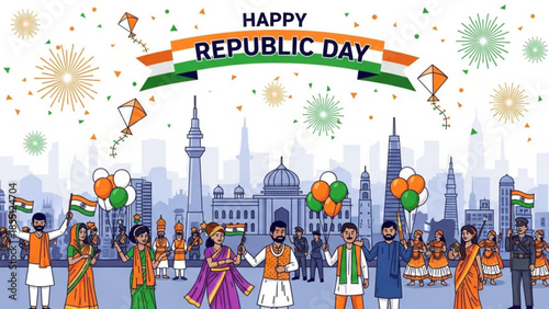 Happy Republic Day celebration with diverse people kites and balloons vector illustration for Indian