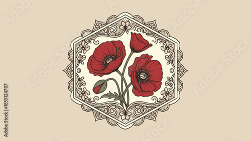 Vintage Poppy Emblem Floral Design