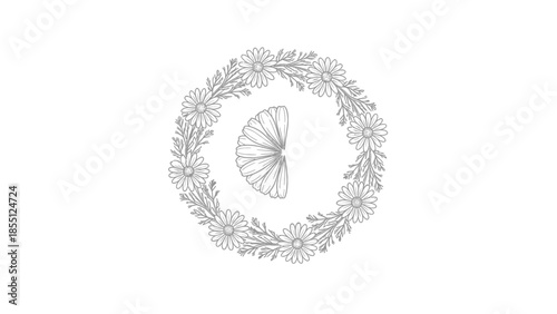 Hand-drawn daisy wreath with fan element, delicate floral design, vintage illustration