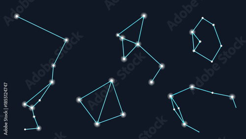 Celestial Constellations Connected by Light Lines on Dark Night Sky Background