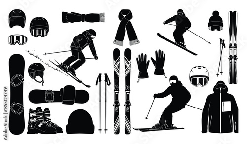 Skiing and snowboarding equipment set winter sports collection includes helmet goggles jacket skis snowboard poles vector illustration