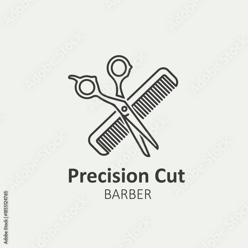 Precision cut barber logo with minimalist scissors and comb outline for hair salon branding