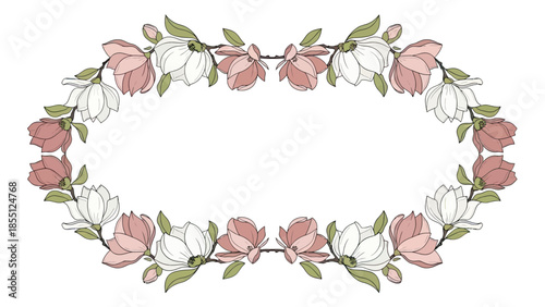 Oval floral frame with pink and white magnolia flowers and green leaves on white background