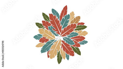 Colorful Feather Mandala Design - Autumn Colors on White Background