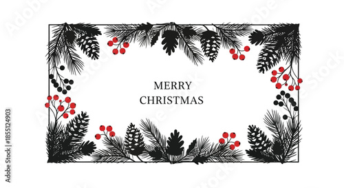 Festive christmas border with pine branches berries and a holiday greeting