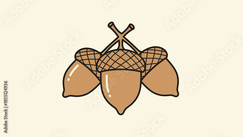 Three Brown Acorns with Caps on Light Beige Background, Autumn Symbol