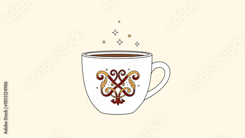 Elegant Coffee Cup with Ornate Design and Sparkles - Warm Beverage Aroma