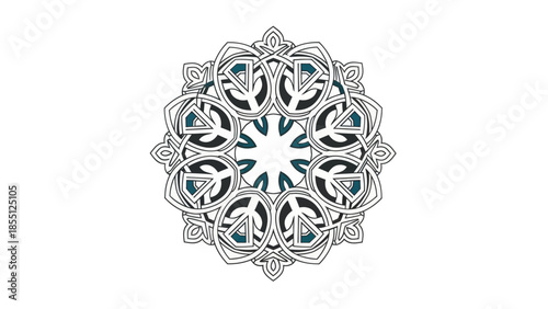 Intricate Circular Geometric Pattern with Teal and Black Accents on White Background