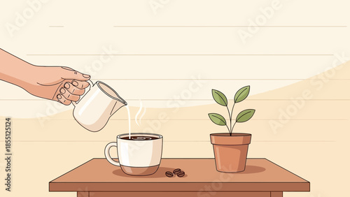 Hand Pouring Water into Coffee Cup.