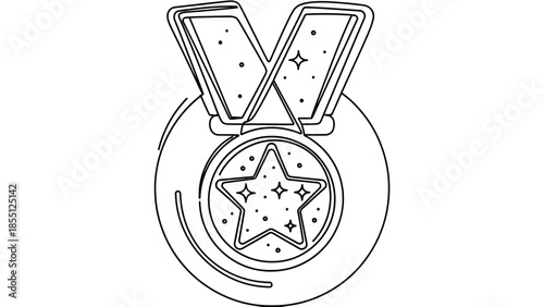 Star medal ribbon award icon line art, achievement recognition symbol