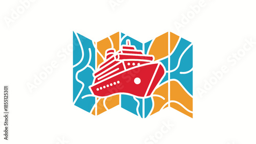 Red Cruise Ship on Abstract Map Background, Travel and Vacation Icon