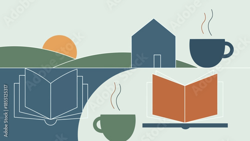 Illustration of Books and Coffee Cups.