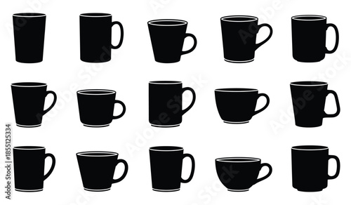 Variety of coffee mugs cups and glassware in black silhouette for hot beverages and drinks collection