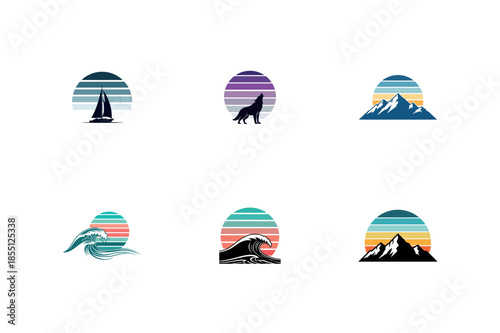 Retro Sunset Nature Emblem Set featuring Mountains Ocean Waves Sailboat and Wolf Silhouettes