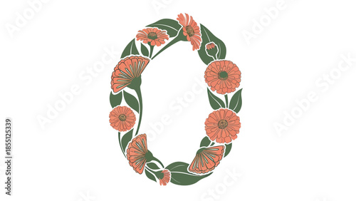 Floral Alphabet Letter O - Botanical Monogram with Orange Flowers and Green Leaves