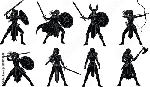 Female warrior silhouette collection with swords, shields, axe and bow in powerful battle stances, medieval fantasy fighters, black vector illustration isolated on white