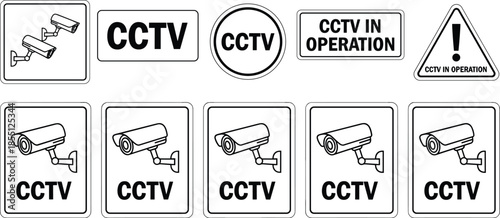 CCTV warning signs, surveillance camera icons, security notice symbols, video monitoring alerts, safety signage collection, public area protection graphics