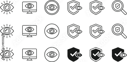 Cybersecurity icons, privacy symbols, surveillance graphics, digital monitoring, secure interface, shield checkmark, eye focus, magnifying glass, black UI elements, tech design