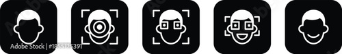 Facial recognition icons, biometric scan, emotion detection, identity verification, AI face analysis, security interface, digital profile, tech UI symbols