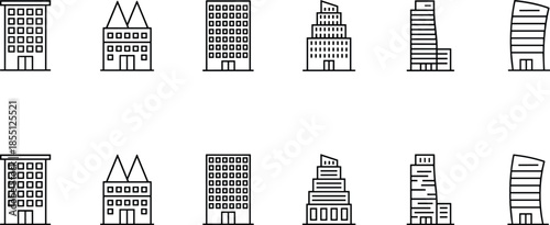 Urban architecture icons, modern building silhouettes, city planning graphics, real estate design elements, construction symbols, office tower illustrations, skyline visuals