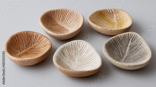 Wooden bowls with carved leaf patterns in natural tones arranged on light surface, showcasing organic shapes and textures with warm earthy colors and artistic design