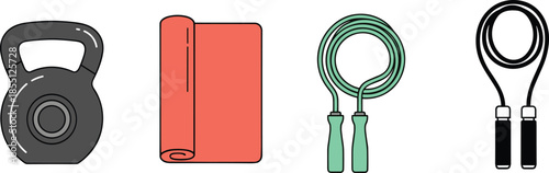 Fitness equipment icons featuring kettlebell, exercise mat, and jump ropes for strength training, flexibility, and cardio workout design in gym and home fitness routines