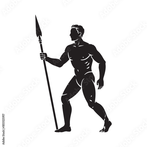 Silhouette of a muscular man holding a spear poised in a dynamic stance