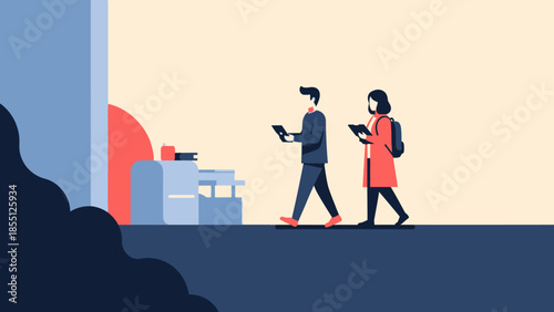 Man and Woman Walking with Phones.