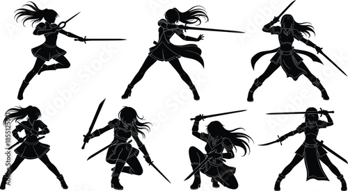 Female warrior silhouettes with swords in dynamic combat poses, showcasing strength, motion, and stylized outfits for character design, animation, and storytelling artwork