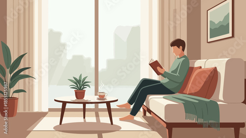 Man Relaxing on Sofa Reading Tablet.