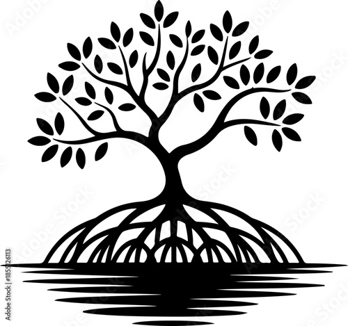 Mangrove Tree with Exposed Roots silhouette vector illustration