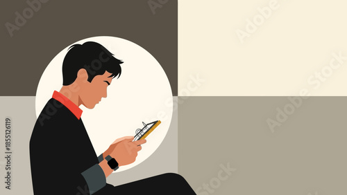 Man Using Mobile Phone Sitting Down.