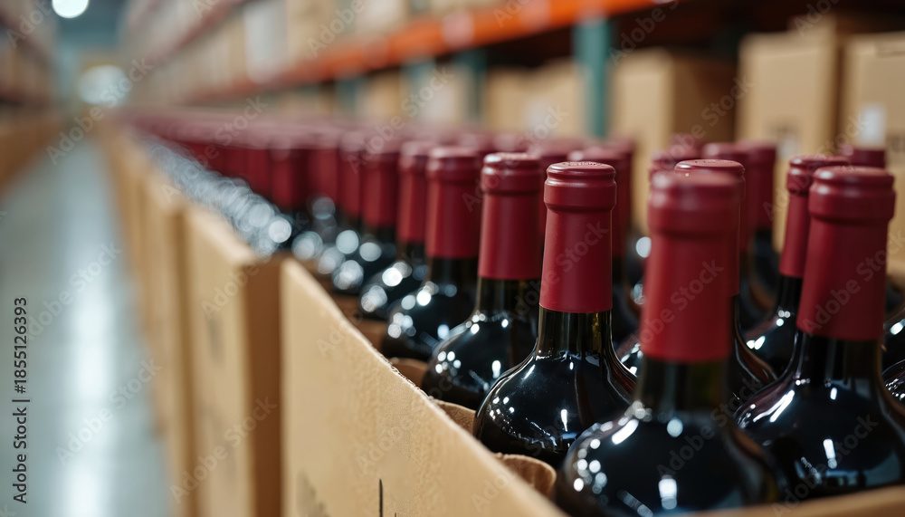 Fototapeta premium Rows of red wine bottles in cardboard boxes await shipping in a large warehouse. Many bottles are stacked in crates. Goods are ready for distribution.