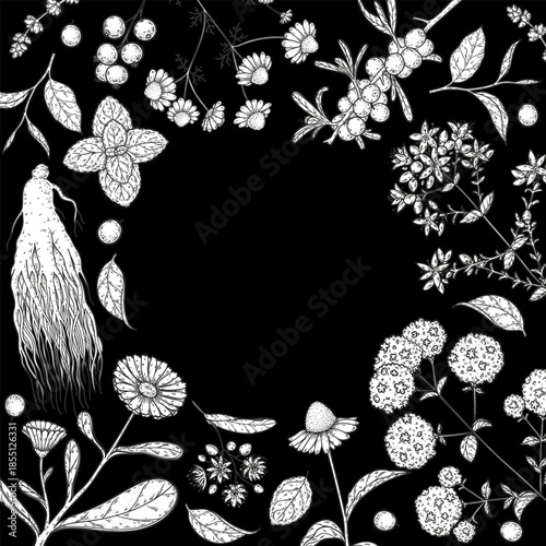 Herbal Tea vector drawing illustration. Herbal tea ingredients. Healthy food and drink . Vector drawing sketch collection. Engraved style.