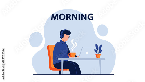 Man Working on Laptop with Coffee.