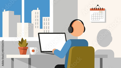 Man Working on Laptop with Headphones.